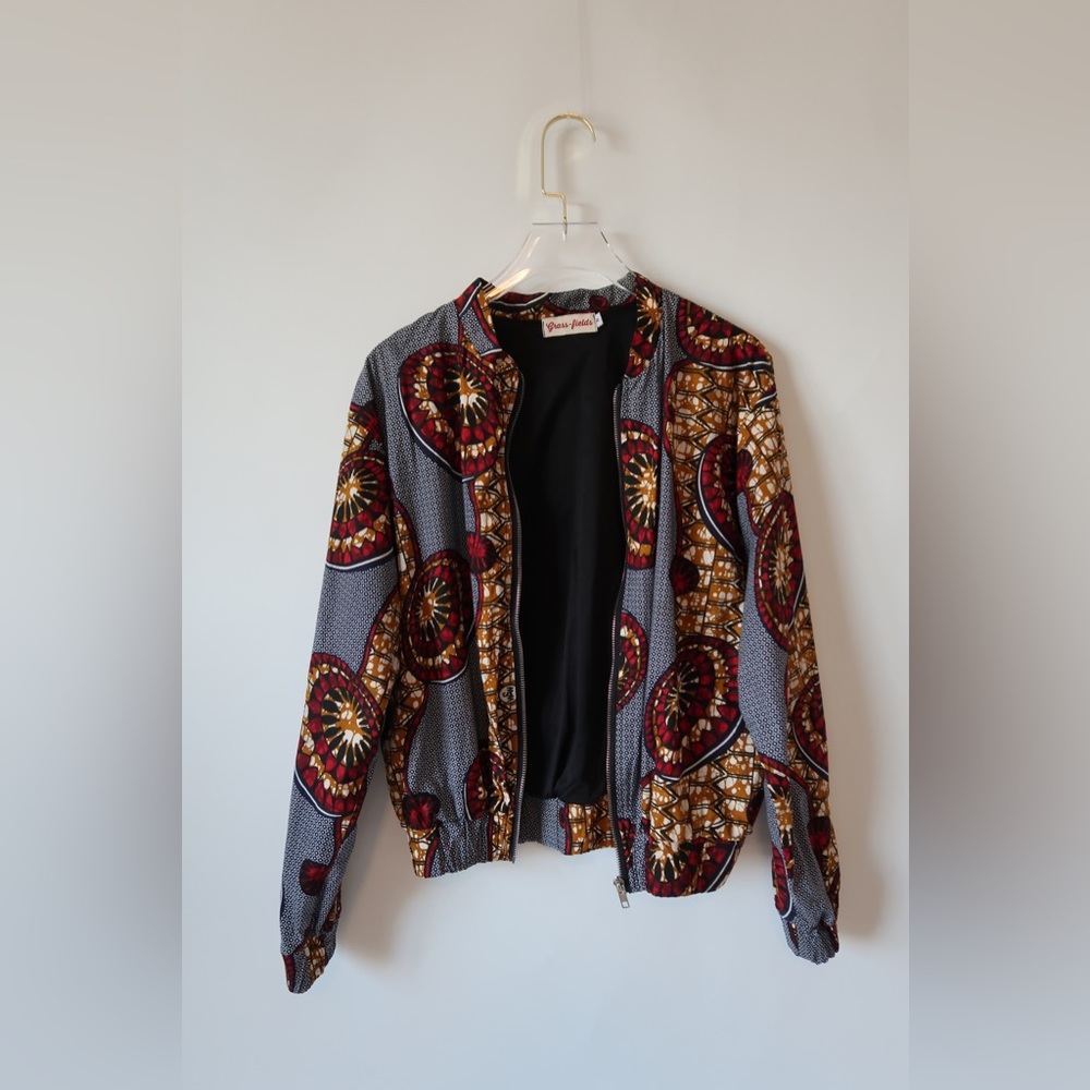 Grass Fields Bomber jacket. Ankara fabric. Runs small. Single layer.